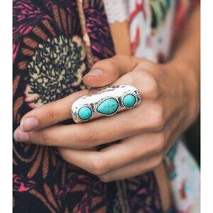DRAMATIC! Turquoise Waterfall Knuckle Ring Adjustable Silver Hammered